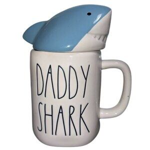 Rae Dunn Daddy Shark Mug With Shark Lid 4.5" X 3.5" Ceramic White & Blue